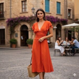 Leith Orange Red Smocked Midi Dress V-Neck Flutter Sleeve Side Slit Size XS